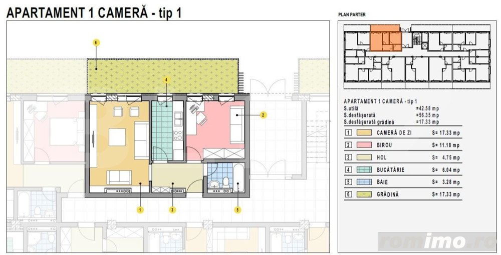 Apartament cu 1 camera, 42mp utili, gradina 17mp, Calea Moldovei!