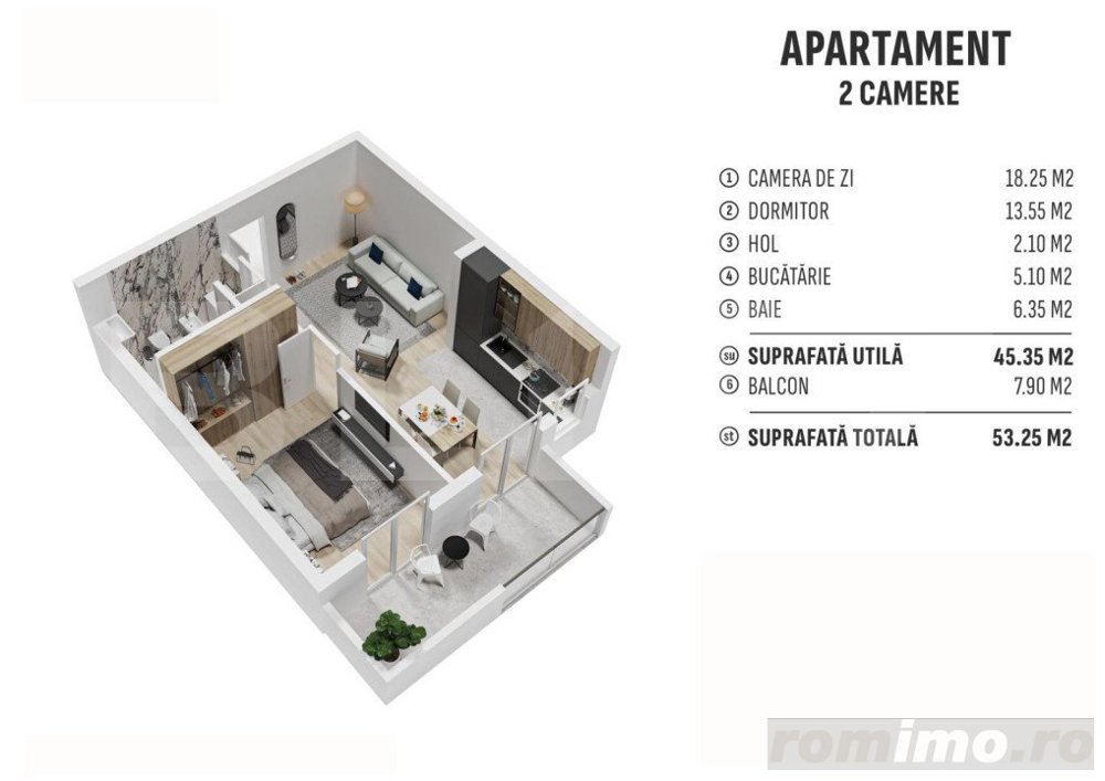 Apartament de 2 camere finisat, 45 mp, cartier rezidential nou! 