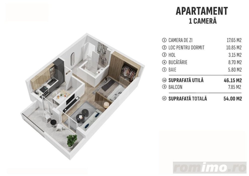 Apartament 1 camera, 46 mp, finisat, cartier nou rezidential! 