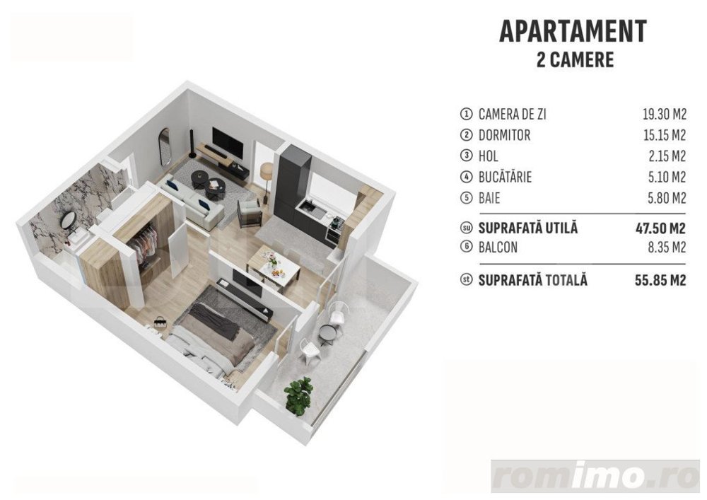 Apartament de 2 camere finisat, 55 mp, cartier rezidential nou! 