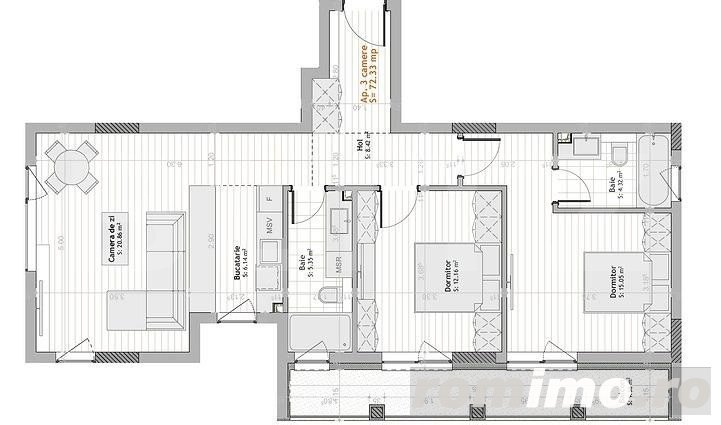 Apartamentde 3 camere, 72,33 mp utili, bloc nou, Calea Moldovei