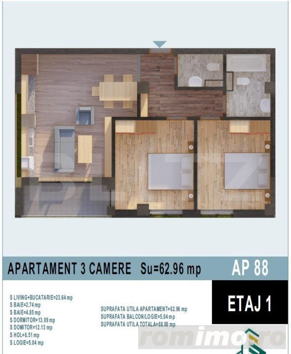 Apartamentde 3 camere in bloc nou, 62,96 mp, Calea Moldovei 