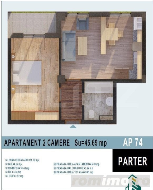 Apartament 2 camere, 45,69mp utili, Calea Moldovei