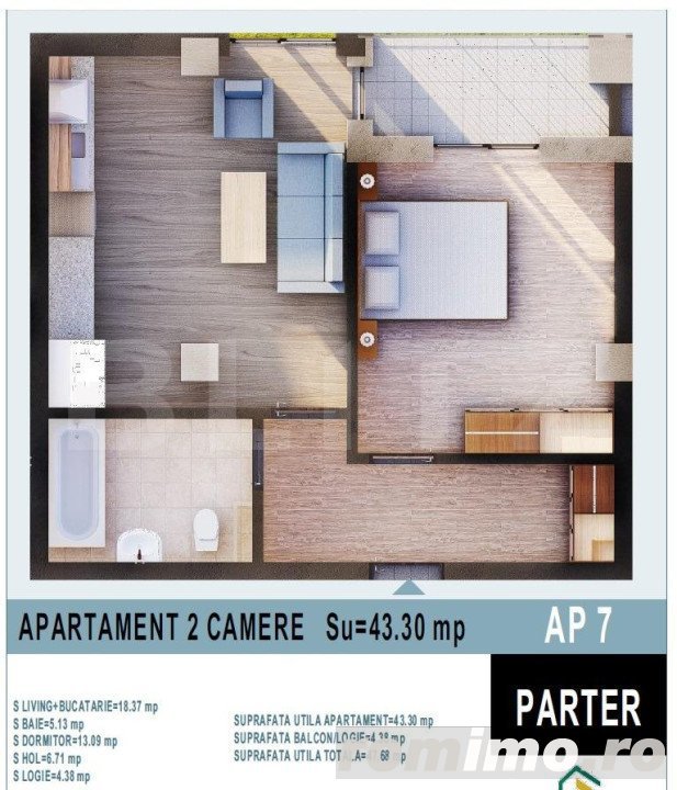 Apartament 2 camere, 43mp utili, Calea Moldovei