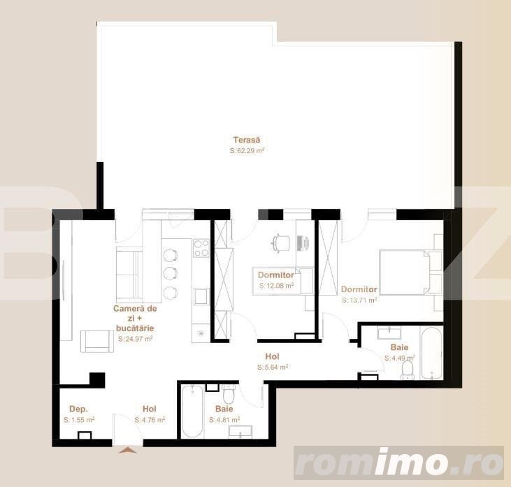 Apartament 3 camere, 72,01 mp + terasa 62,29 mp, zona Vivo