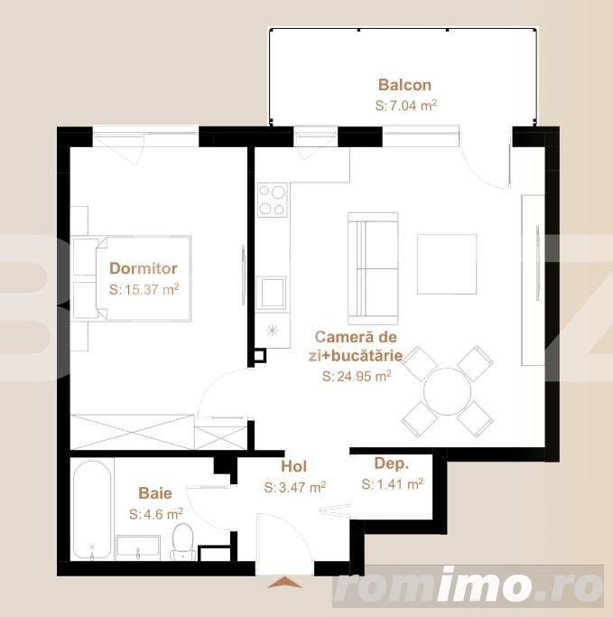 Apartament 2 camere, 49,80 mp + balcon 7,04 mp, zona Vivo