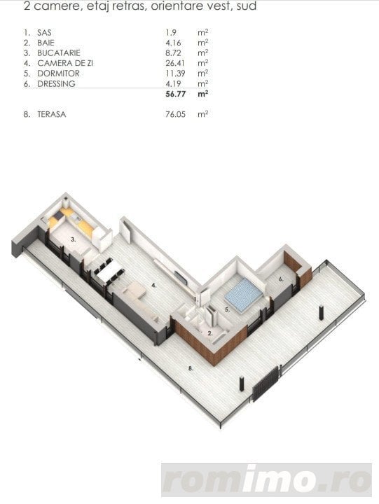 Apartament de 2 camere, 57mp, terasa 76mp, parcare, zona Denver