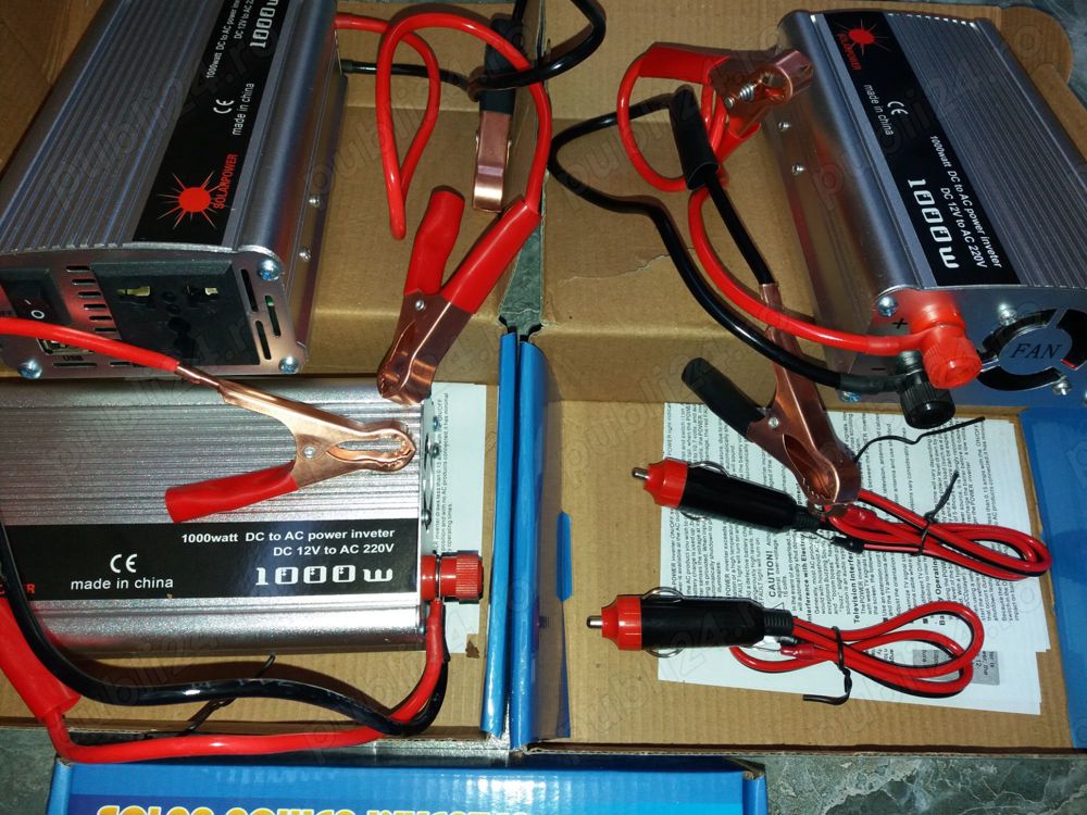 Invertor auto 12V 1000W reali putere pornire 2000W clesti baterie cabluri pentru bricheta auto 12V