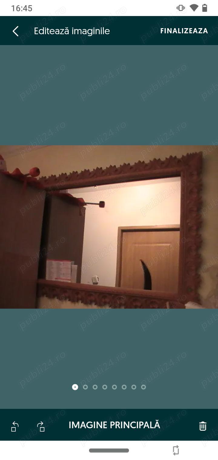 Oglinda rama lemn sculptat, dulap, masa lemn, noptiera