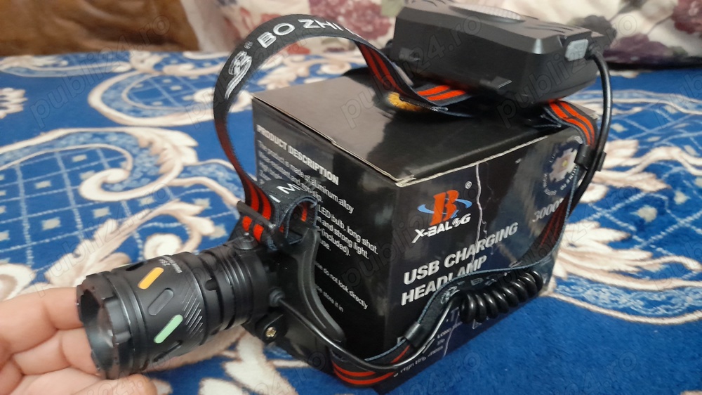 Lanterna frontala de cap led tip laser alb raza 500 metri , zoom , senzor miscare , 3 acumulatori