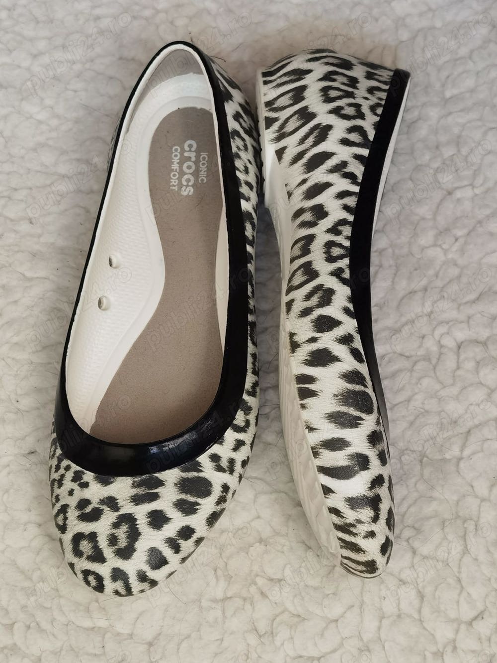 Balerini fete Crocs Lina Flat Leopard White Black pantofi fetite