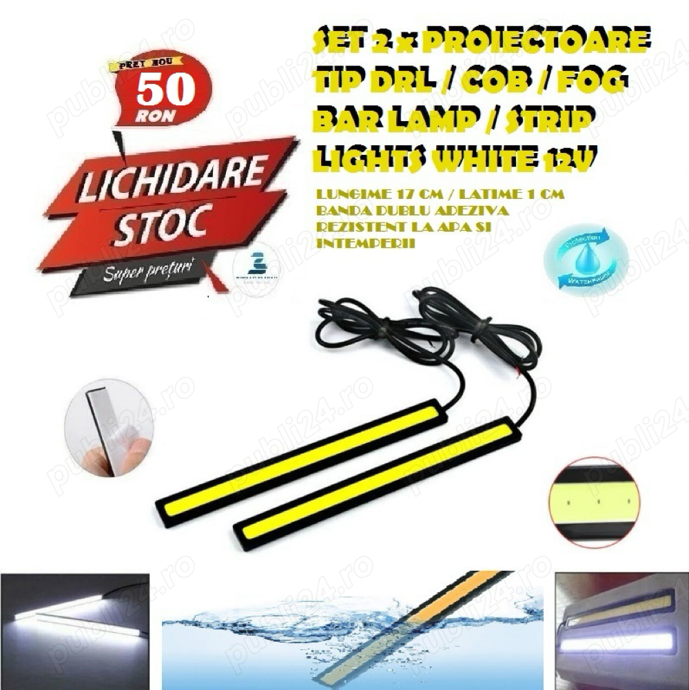 Set 2 x Proiectoare DRL/COB/Fog Bar Lamp/Strip Lights White 12V - UK