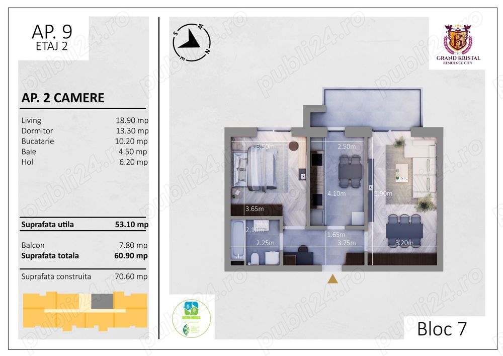 Apartament nou, spatios, 61 mp, luminos, etaj 2.                                                 