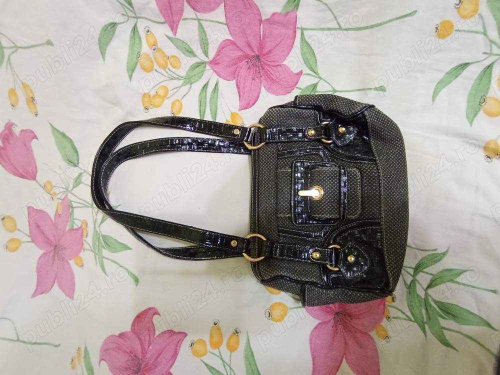 Geanta eleganta Charlotte Reid London gri cu insertii aurii, moderna 