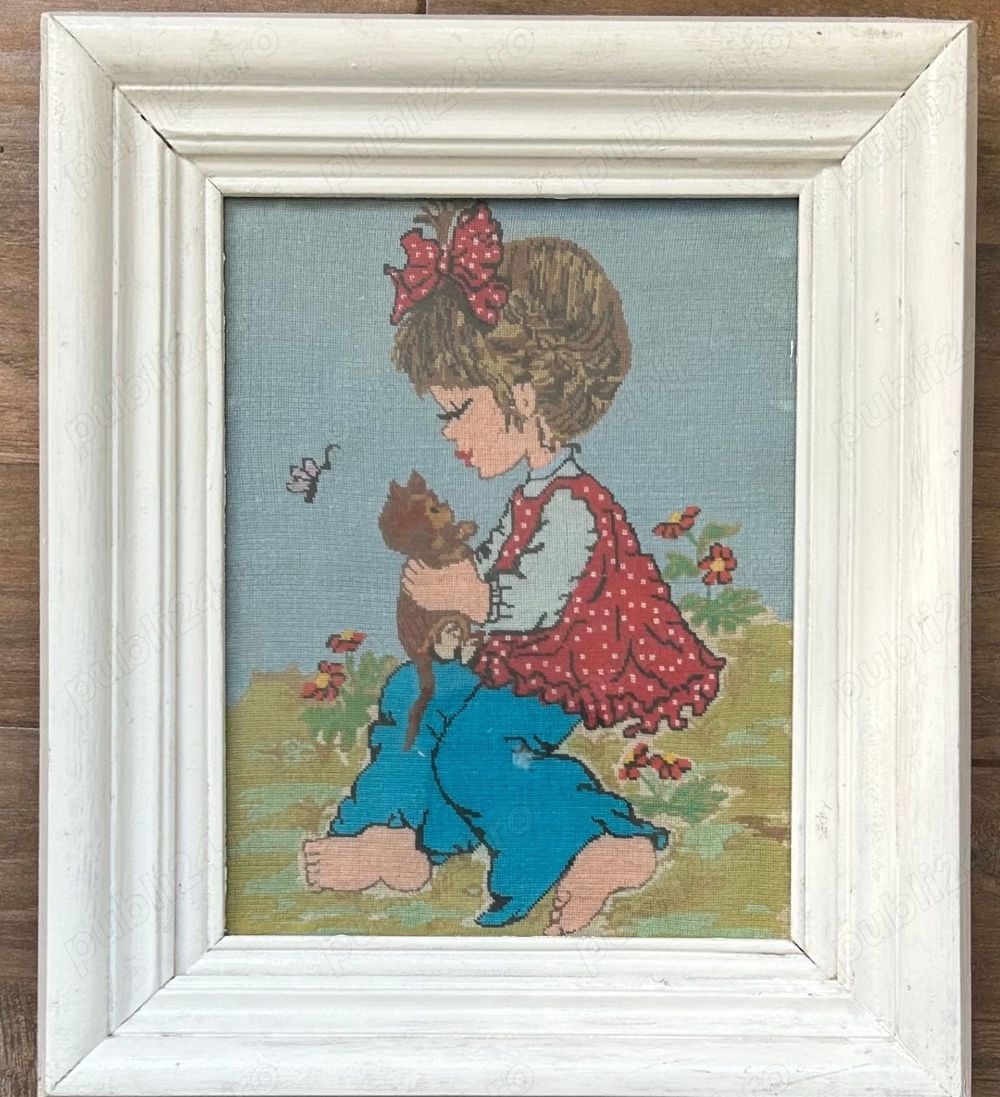 Tablou Goblen anii 80 Fetita cu pisica cusut manual pas mic înrămat 40x46cm