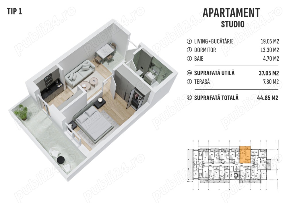 Apartament 2 camere tip studio, 56.100 euro tva inclus, etaj 1, zona Biruintei Popesti