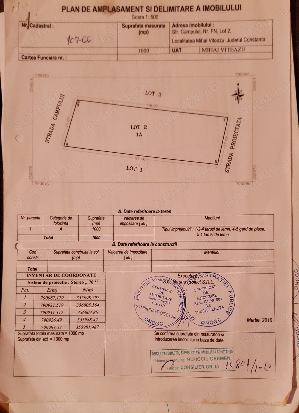 Teren de vânzare cu suprafața de 1000 m 