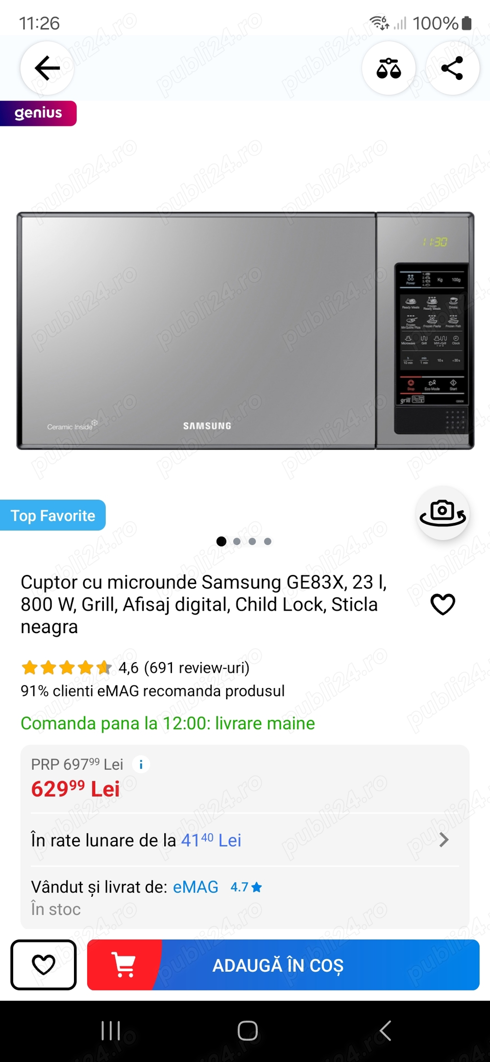 Cuptor cu microunde Samsung GE83X, 23 l, 800 W, Grill, Afisaj digital, Child Lock, Sticla neagra