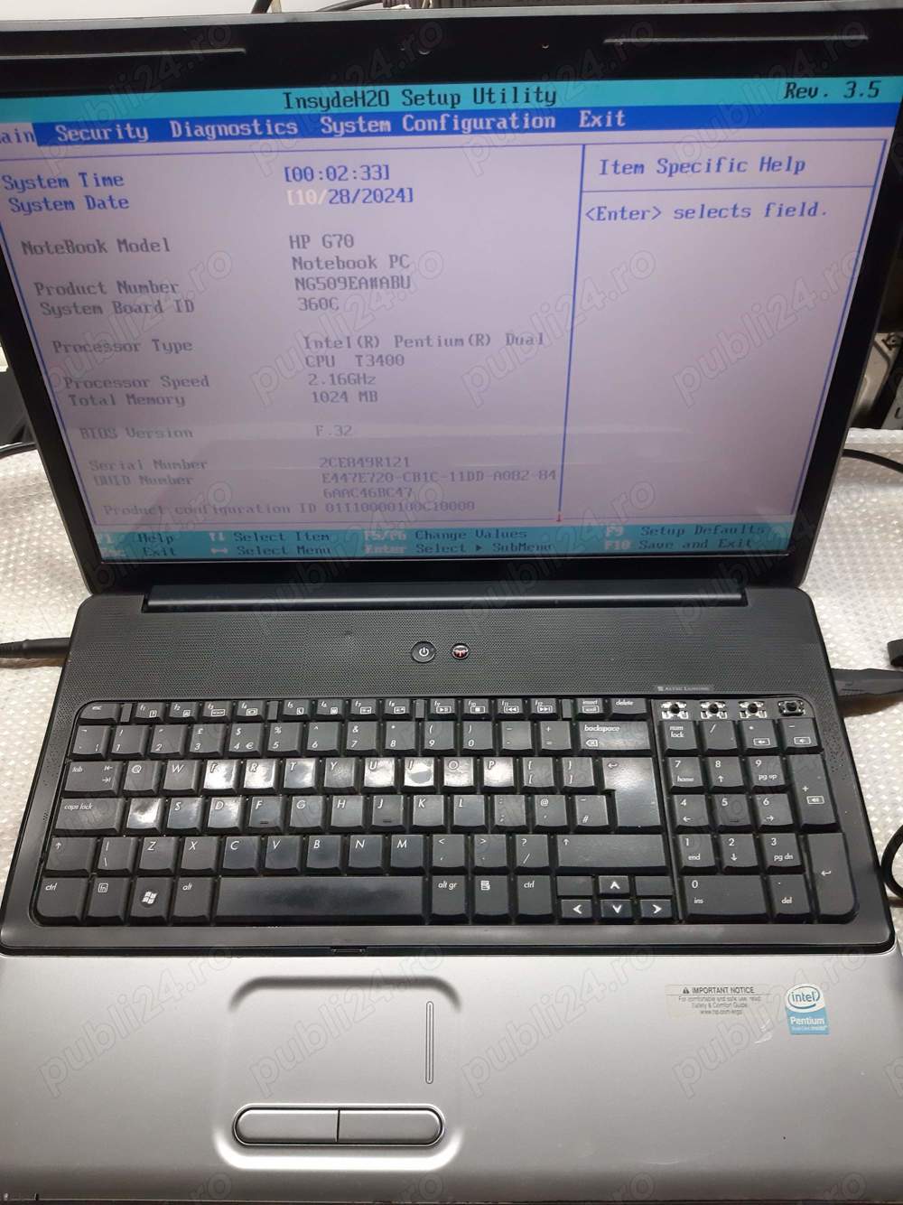 Laptop HP G70 Mare, functional, fara hdd, fara incarcator, i-am lasat 1 gb ram de test