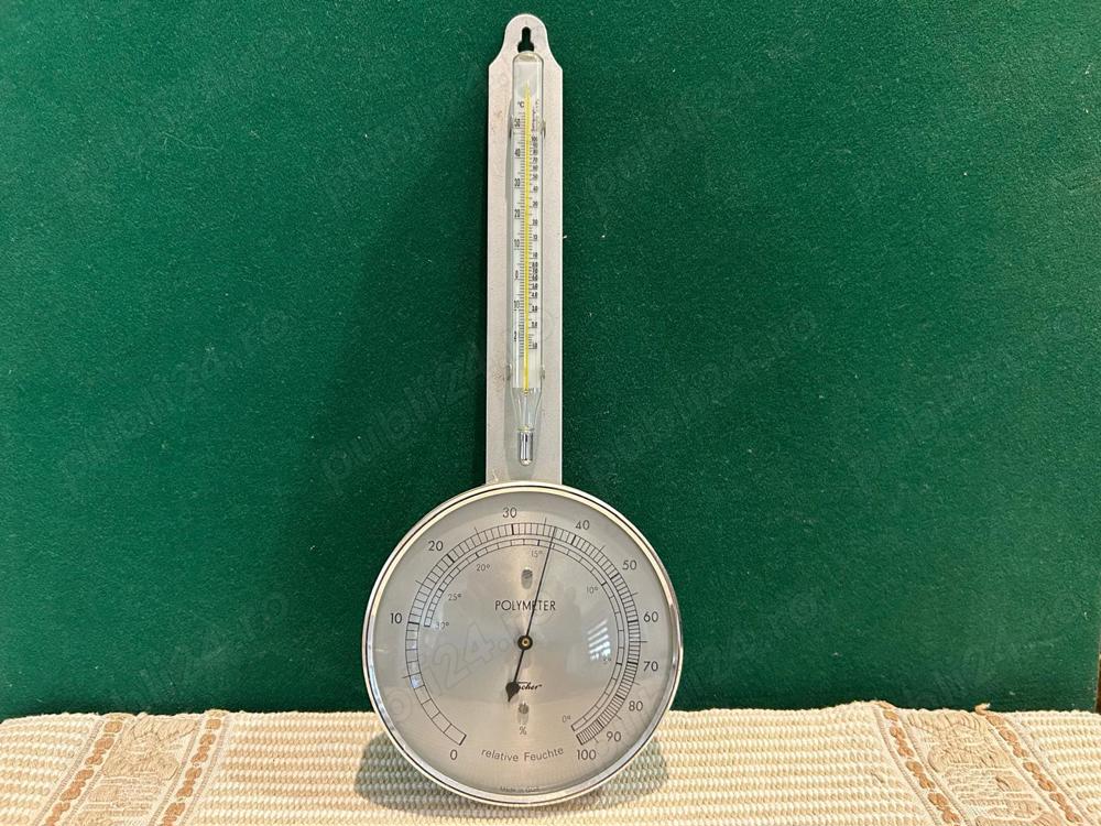 Statie meteo din otel inoxidabil, de colectie, Fischer Polymeter (Hygrometru-Termometru)