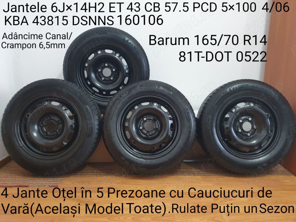 4 Jante Oțel în 5 Prezoane cu Cauciucuri de Vară(Același model toate)-165/70 R14- 81T-DOT 0522
