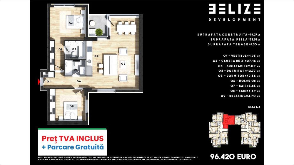 APARTAMENT 3 CAMERE CERNICA 78 MP PARCARE GRATIS