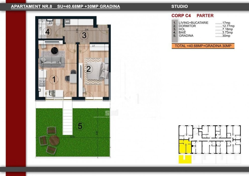 Metrou Berceni apartament tip studio cu gradina de 30 mp.