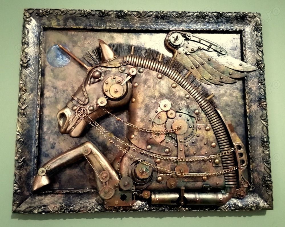 Pegas sculptură steampunk unicorn, inorog tablou 3d unicat