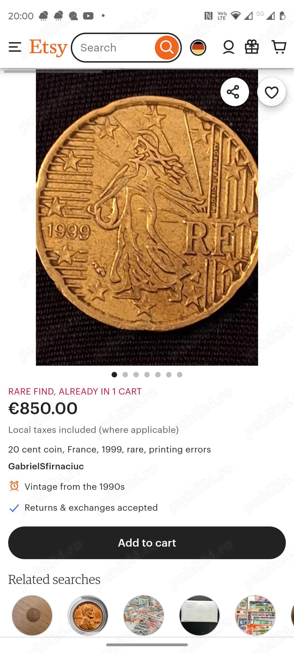 vand moneda rara de 20 eurocenti Franta rara din 1999
