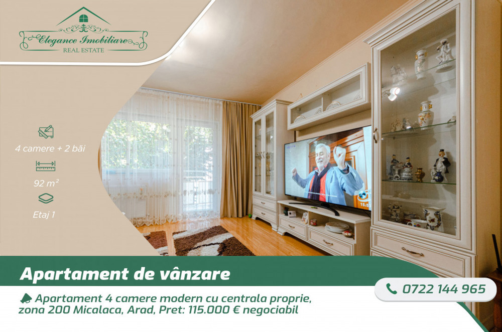 Apartament 4 camere modern cu centrala proprie, zona 200 Micalaca, Arad