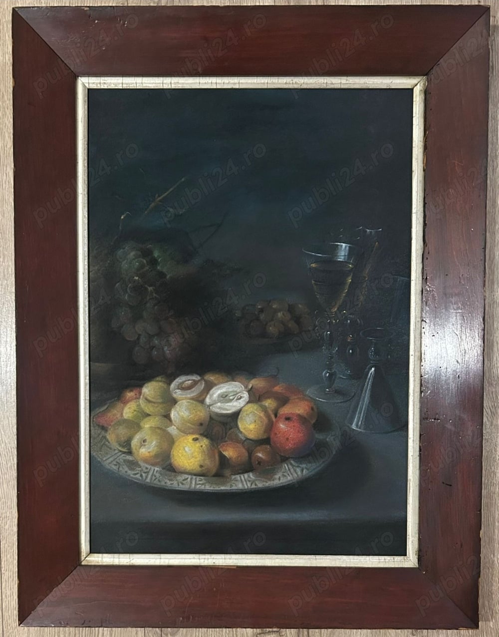 Tablou Pastel în Clar-Obscur, Natura Moarta pictură începutul sec 20, cu certificat, înrămat 49x65cm