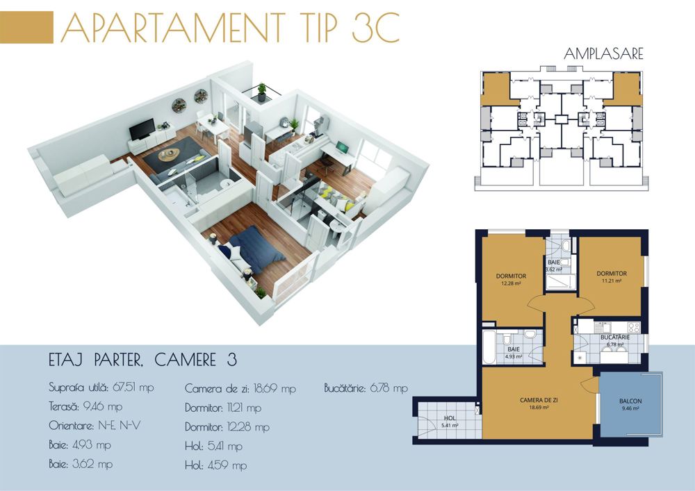 Apartament 3 camere, parcare inclusa, bloc nou, Buna Ziua