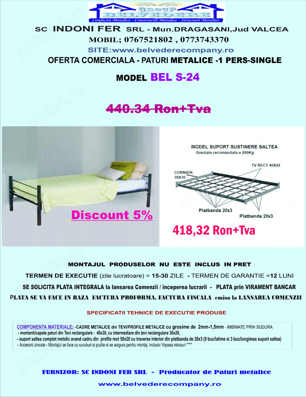 Pat metalic single Model S-24 - Ideal pentru cazări muncitori!