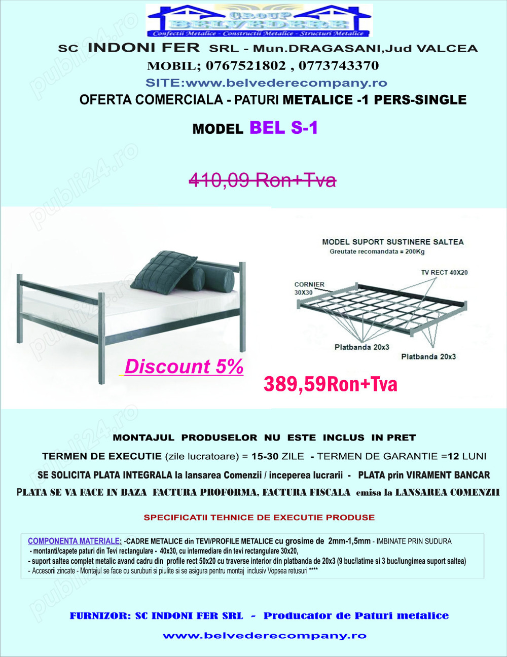 Pat metalic single-1 pers.Model S-1 -rezistent și durabil - Preț promoțional!