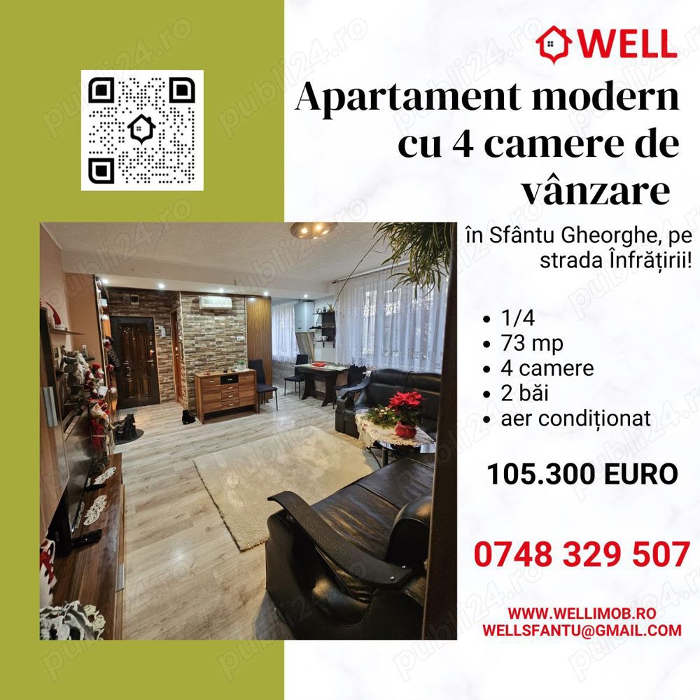 Apartament modern cu 4 camere de vânzare în Sfântu Gheorghe, pe strada Înfrățirii! 