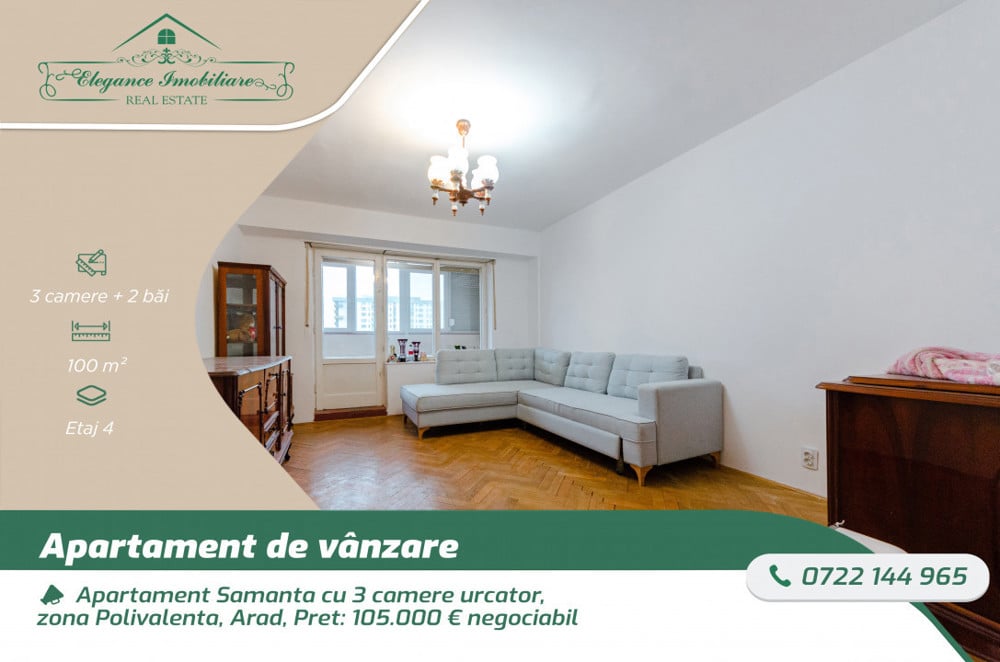 Apartament samanta cu 3 camere urcator, zona Polivalenta, Arad