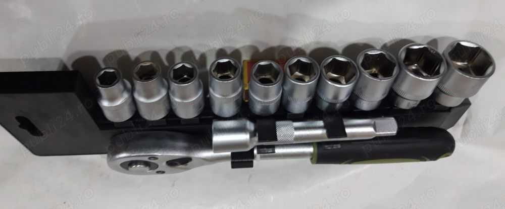 Chei tubulare, set de 10 capete, 1/2", cu clichet și prelungitor 