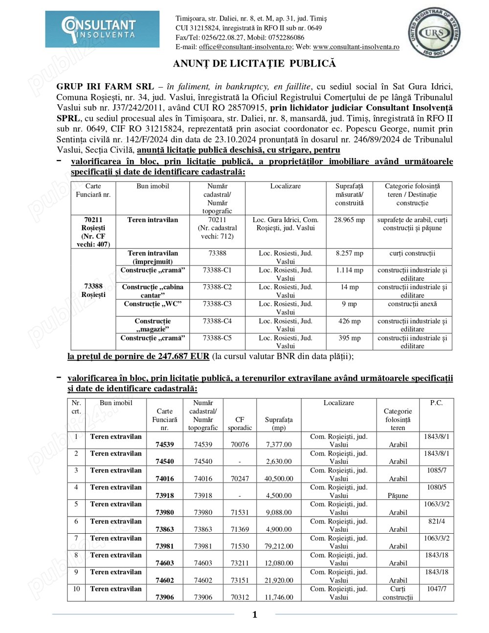 Proprietate imobiliara si terenuri extravilane in Com. Rosiesti, jud. Vaslui