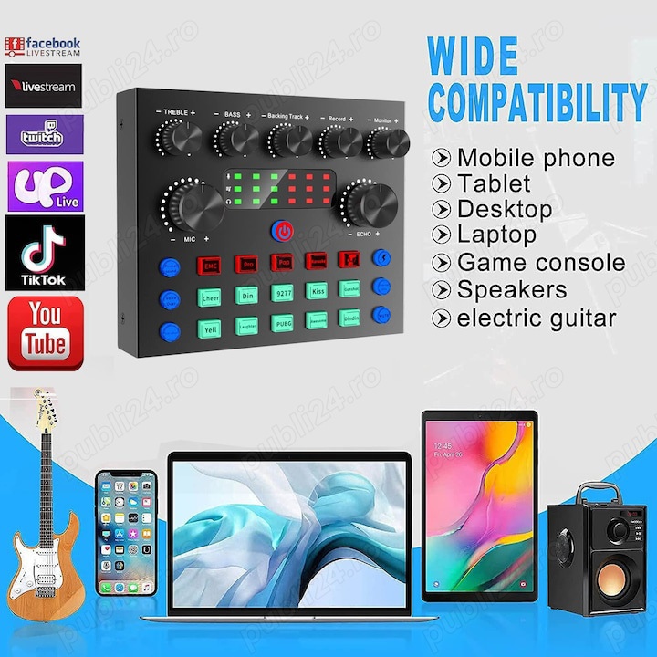 Placa de sunet multifunctionala V8, Bluetooth, mixer cu 10 efecte sonore