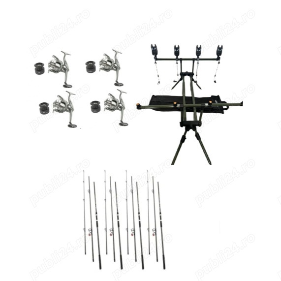Set 4 Lansete Carbon 3, 90m, 3 Segm, 4 Mulinete Tambur 8000, Rod Pod, Senzori