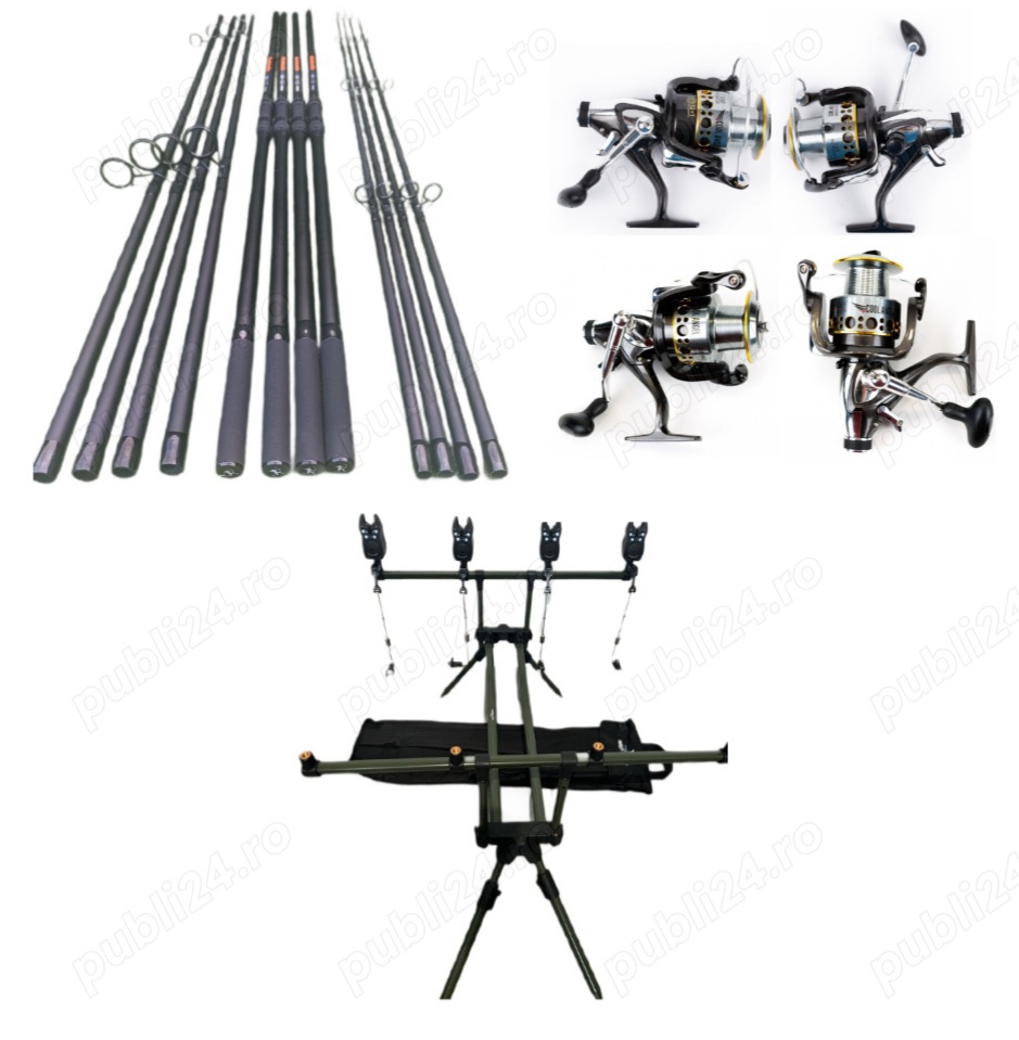 Set Pescuit, 4 Lansete Komodo Carp 3, 60m, 3 Segm+4 Mulinete G65 cu Baitrunner+Rod Pod+Senzori