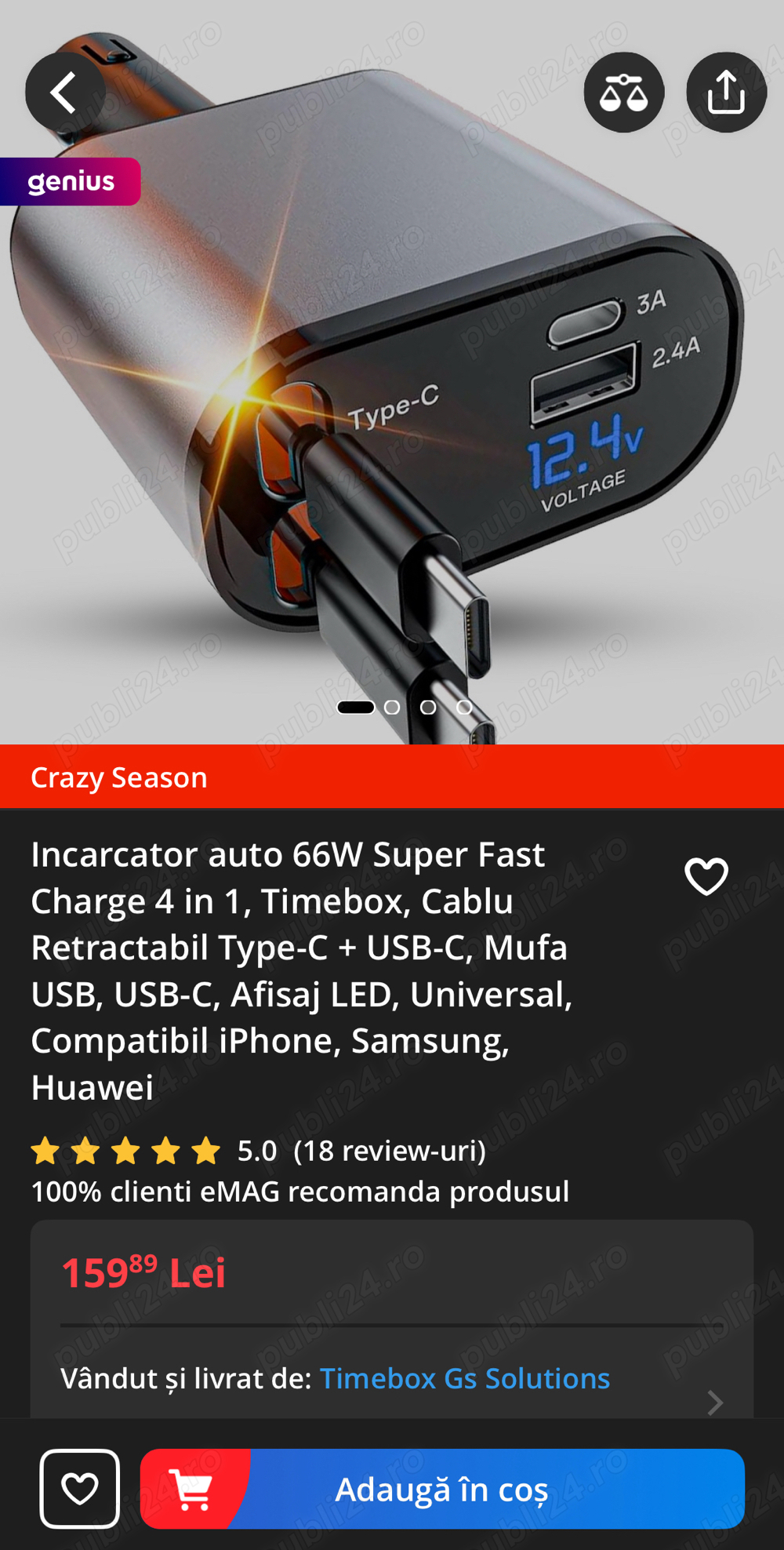 Incarcator auto rapid, 4 in 1, cabluri retractabile, 100% nou