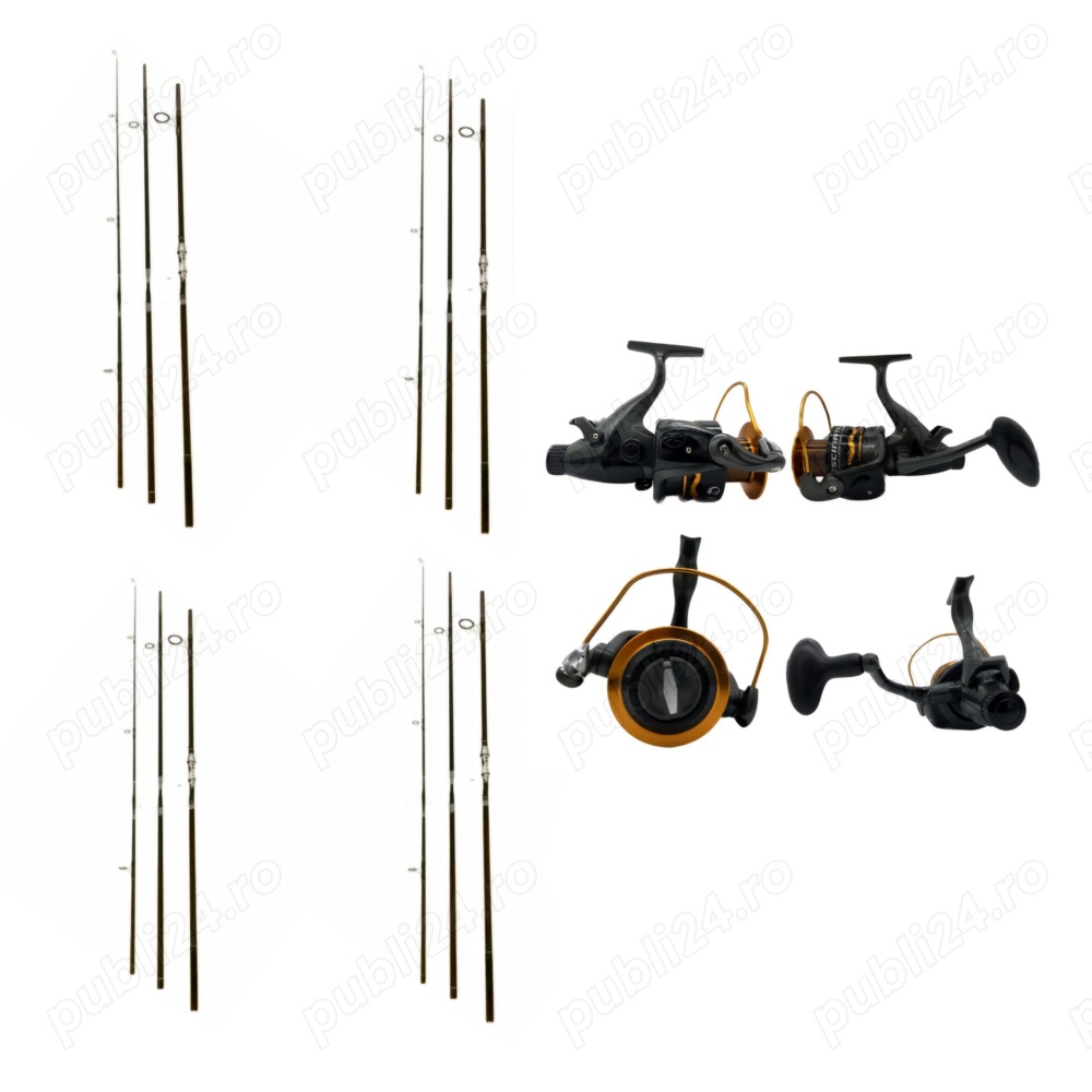 4 Lansete 3, 90 m, 3 Segm, Mandrina Metalica, 3, 5 Lbs + 4 Mulinete 8000 cu Baitrunner + 4 Role Fir