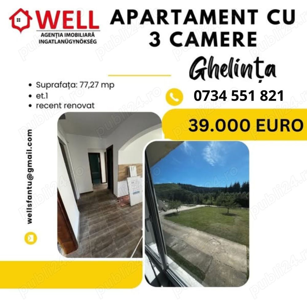 De vânzare  un apartament renovat cu 3 camere în Ghelința!