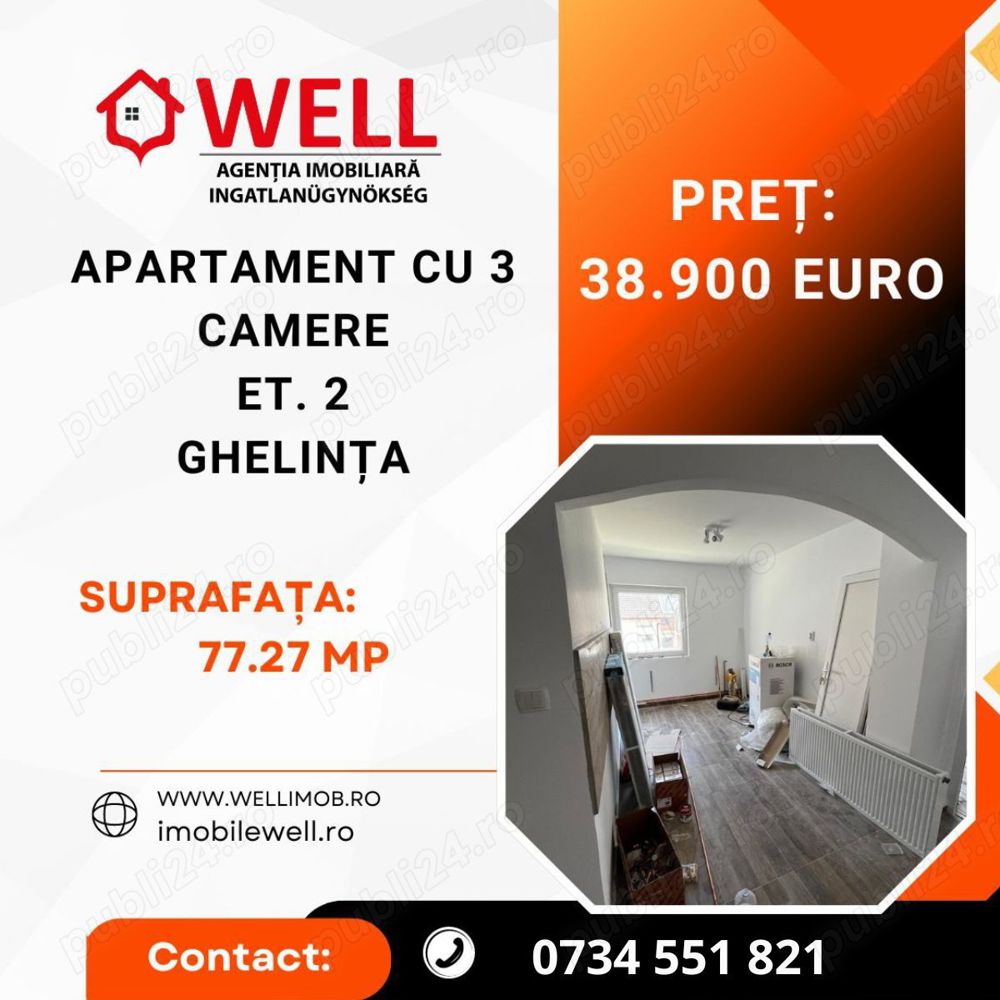 De vânzare apartament cu 3 camere la etajul 2 în Ghelința!