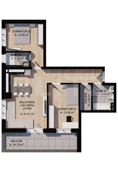 Apartament 3 camere, 68mp, 2bai, terasa 15mp, parcare, zona centrala
