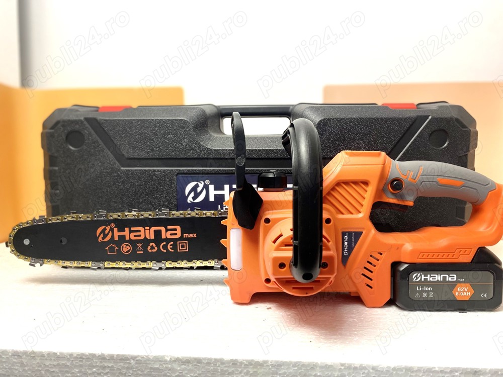 Drujba moderna pe baterii, 62V, autonomie 2 ore, lama 12 inch, cu 2 lanturi bonus