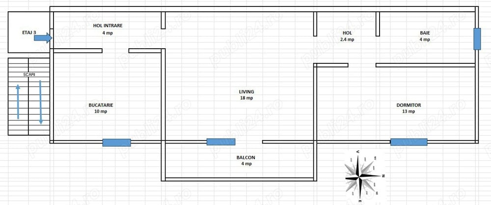 Apartament 2 camere, semidecomandat, etaj 3, direct de la proprietar