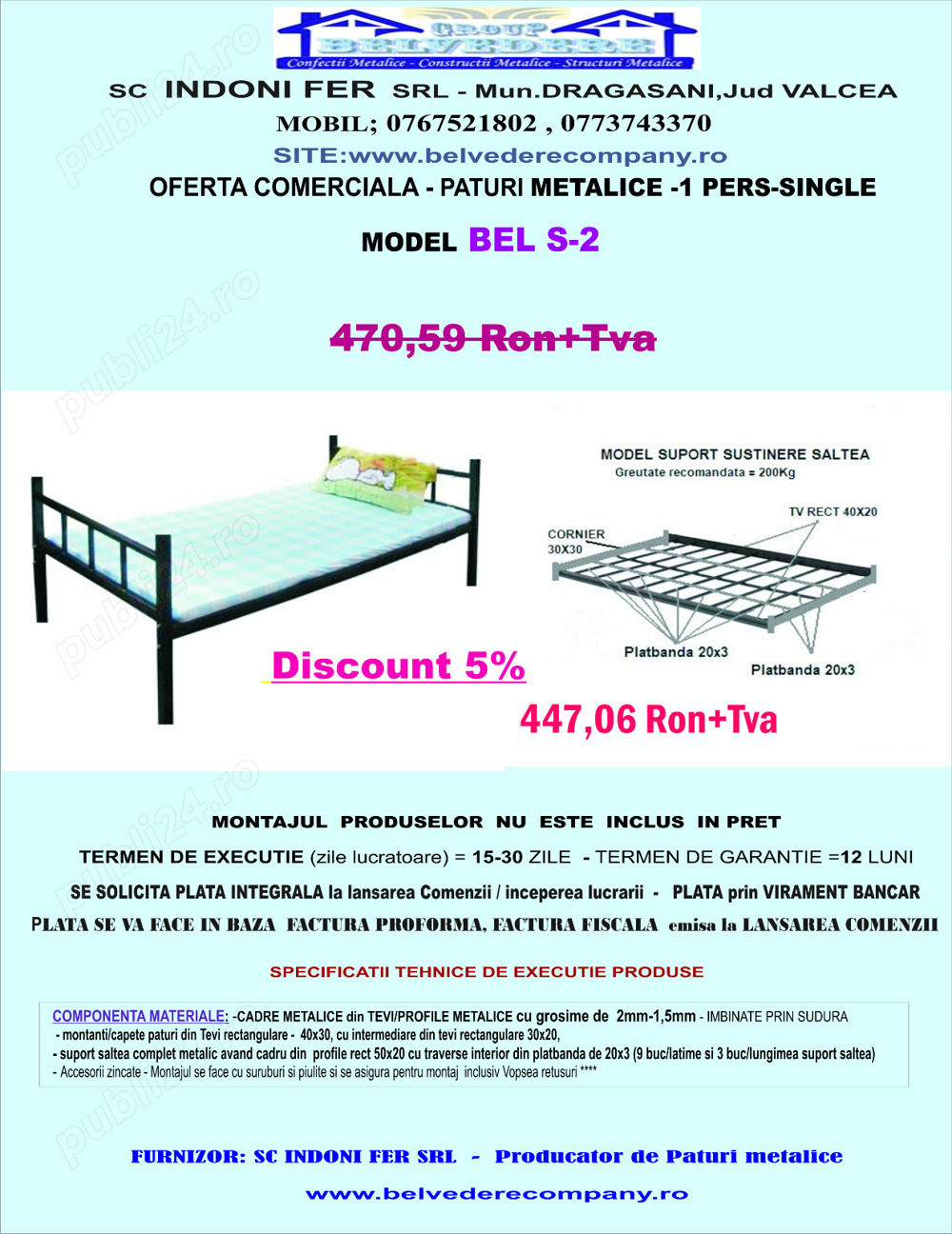 Pat metalic Model S2- 1 persoana - single - Oferta Speciala!