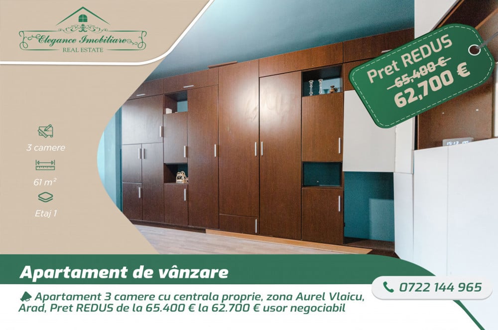 Apartament 3 camere cu centrala proprie, zona Aurel Vlaicu, Arad